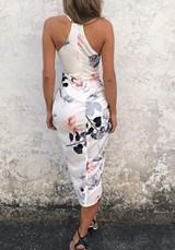 White Floral Pattern Irregular High-low Spaghetti Straps Midi Dress