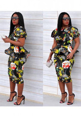 Black Floral Print Ruffle Peplum Bodycon Elegant Midi Dress