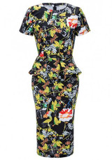 Black Floral Print Ruffle Peplum Bodycon Elegant Midi Dress