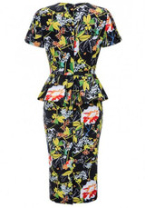 Black Floral Print Ruffle Peplum Bodycon Elegant Midi Dress