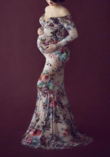 Yellow Floral Print Off Shoulder Backless Mermaid For Babyshower Elegant Maternity Maxi Dress