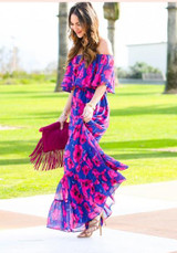 Blue Floral Ruffle Boat Neck Elbow Sleeve Bohemian Maxi Dress