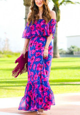 Blue Floral Ruffle Boat Neck Elbow Sleeve Bohemian Maxi Dress