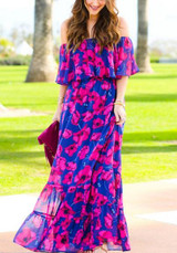 Blue Floral Ruffle Boat Neck Elbow Sleeve Bohemian Maxi Dress