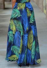 Blue Floral Print Bohemian Halter Neck Puffy Slit Holiday Maxi Dress Blue Floral Print Bohemian Halter Neck Puffy Slit Holiday Maxi Dress