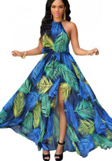 Blue Floral Print Bohemian Halter Neck Puffy Slit Holiday Maxi Dress