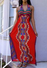 Red Tribal Floral Print Draped Backless Halter Neck Oversize Bohemian Maxi Dress Red Tribal Floral Print Draped Backless Halter Neck Oversize Bohemian Maxi Dress