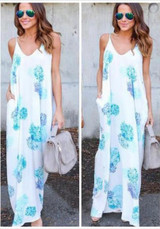 White Floral Print Pockets Draped Spaghetti Strap V-neck Oversize Bohemian Maxi Dress