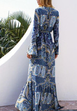 Blue Floral Drawstring Cut Out V-neck Thigh High Side Slits Bohemian Maxi Dress