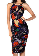 Black Floral Print Cut Out Sleeveless Vintage Bodycon Midi Dress