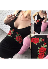 Black Floral Condole Belt Embroidery Plunging Neckline Fashion Midi Dress Black Floral Condole Belt Embroidery Plunging Neckline Fashion Midi Dress
