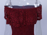 Burgundy Floral Lace Ruffle Pleated Off Shoulder Homecoming Wedding Elegant Skater Midi Dress