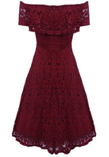 Burgundy Floral Lace Ruffle Pleated Off Shoulder Homecoming Wedding Elegant Skater Midi Dress