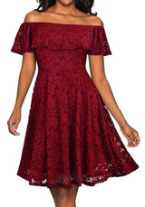 Burgundy Floral Lace Ruffle Pleated Off Shoulder Homecoming Wedding Elegant Skater Midi Dress