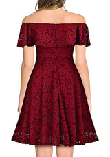 Burgundy Floral Lace Ruffle Pleated Off Shoulder Homecoming Wedding Elegant Skater Midi Dress