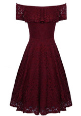 Burgundy Floral Lace Ruffle Pleated Off Shoulder Homecoming Wedding Elegant Skater Midi Dress