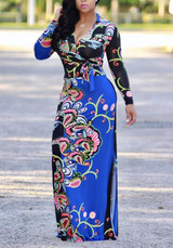 Blue Floral Print Belt V-neck Slits On Both Sides Bohemian Beach Midi Dress Blue Floral Print Belt V-neck Slits On Both Sides Bohemian Beach Midi Dress