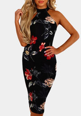 Black Floral Zipper Cut Out Sleeveless Fashion Midi Dress