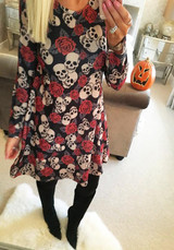 Red Skull Floral Print Round Neck Sweet Midi Dress
