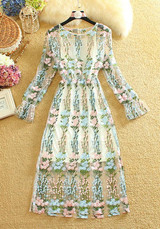 White Floral Pattern Round Neck Fashion Polyester Midi Dress