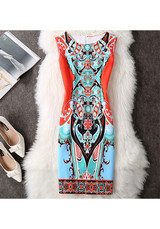 Orange Floral Print Zipper Round Neck Fashion Midi Dress