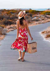 Red Floral Print Spaghetti Strap Backless V-neck Bohemian Midi Dress