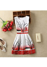 Red Floral Zipper Pleated Round Neck Mini Dress