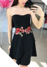 Black Floral Irregular Bandeau Zipper Sleeveless Mini Dress