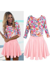 Pink Floral Pleated Round Neck Elbow Sleeve Mini Dress