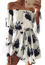 White-Black Floral Print Drawstring Pleated Boat Neck Off-Shoulder Flare Sleeve Mini Dress