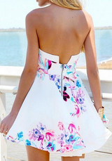 White Floral Print Pleated Irregular Bandeau Strapless Sleeveless Sweetheart Mini A Line Dress