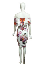 Casual White Floral Bandeau Ruffle Zipper Backless Off Shoulder Party Bodycon Mini Dress