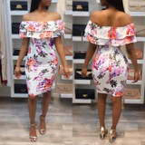 Casual White Floral Bandeau Ruffle Zipper Backless Off Shoulder Party Bodycon Mini Dress