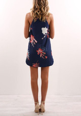 Casual New Women Blue Floral Condole Belt Irregular Round Neck Mini Dress