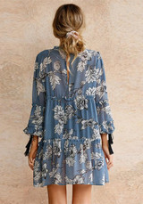 Casual Blue Floral Ruffle V-neck Lantern Sleeve Chiffon Mini Dress