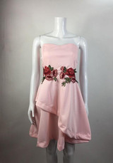 Casual Pink Floral Bandeau Embroidery Zipper Mini Dress