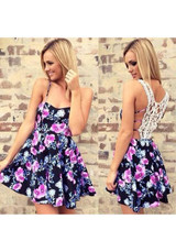 Casual Dark Blue Floral Lace Condole Belt Sleeveless Mini Dress