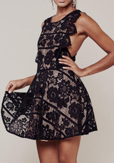 Casual Black Floral Lace Hollow-out Cross Back Backless Round Neck Mini Dress