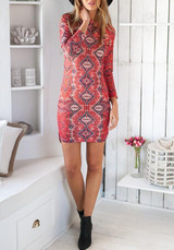 Casual Red Floral Round Neck Fashion Slim Mini Dress
