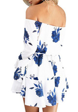 White-Blue Floral Print Drawstring Pleated Boat Neck Off-Shoulder Flare Sleeve Mini Dress