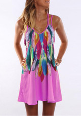 New Women Pink Floral Colorful Feather Spaghetti Strap Print U-neck Casual Plus Size Mini Dress