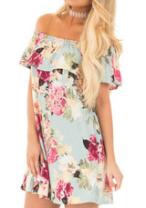 Casual Light Green Floral Boat Neck Off Shoulder Ruffle Irregular Fashion Mini Dress