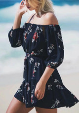 Casual Navy Blue Floral Cut Out Ruffle Hollow-out Fashion Mini Dress