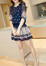 Casual Women Dark Blue Floral Print Elbow Sleeve Bohemian Style Chiffon Mini Dress