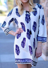 Casual White Floral Print Drawstring Cotton Blend Mini Dress