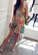 Casual Blue Floral Round Neck Sleeveless Bohemian Loose Mini Dress
