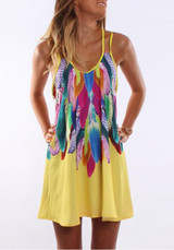 Yellow Floral Colorful Feather Spaghetti Strap Print U-neck Casual Plus Size Mini Dress