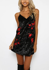 Casual Black Floral Condole Belt Embroidery V-neck Fashion Mini Dress