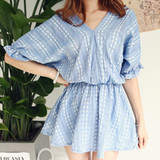 Casual Blue Floral Ruffle V-neck Elbow Sleeve Sweet Mini Dress