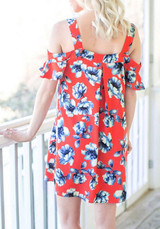 Casual Red Floral Spaghetti Strap Draped V-neck Short Sleeve Mini Dress